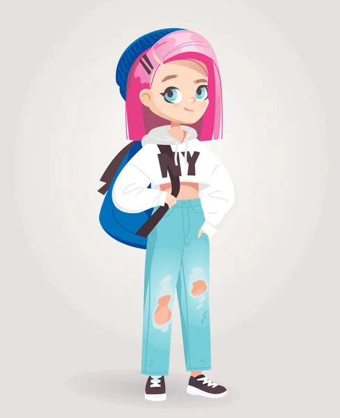 Stylish Teenage Girl Jeans Pink Hair Backpack Standing Young School — Stock Vector