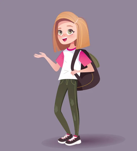 Stylisches Teenager Mädchen Jeans Mit Rosa Haaren Und Rucksack Stehend — Stockvektor