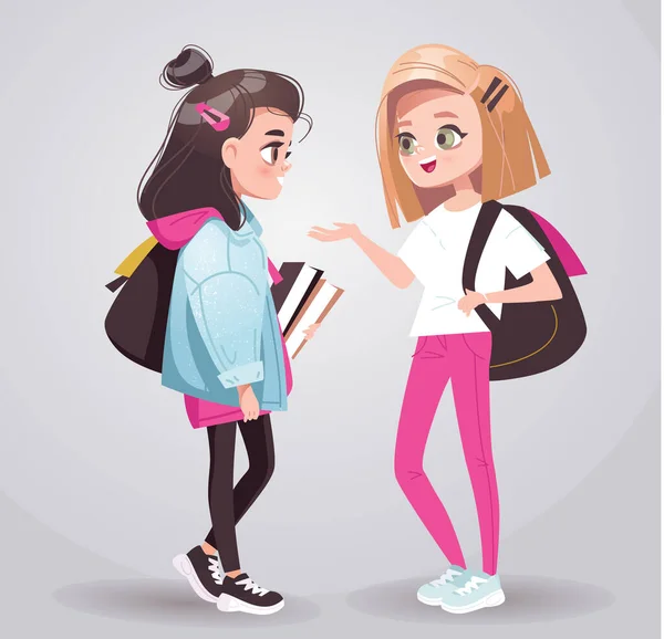 Two Teenage Girls Talking School Hallway Two Teenage Girlfriends Chatting — Stock Vector