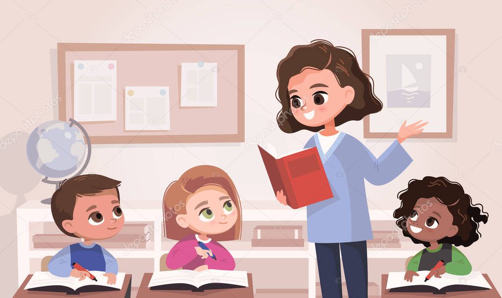 Classroom with pupils and teacher. Classroom interior. Children listen to teacher. Primary school kids. Illustration with kids and teacher in a classroom. Education illustration. Vector interior.