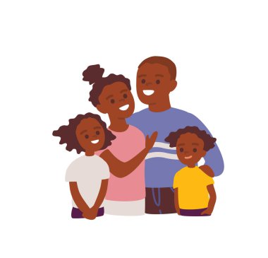 Afro-Amerikan aile portresi. Dört kişilik aile bir arada durur ve sarılırlar. Düz tasarım.