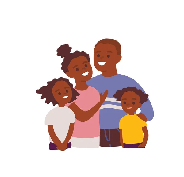 Αφρο Αμερικάνικο Οικογενειακό Πορτρέτο Τετραμελής Οικογένεια Στέκεται Όρθια Και Αγκαλιάζεται — Διανυσματικό Αρχείο