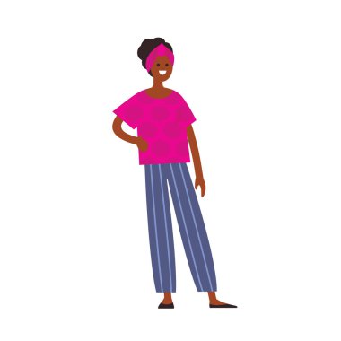 Etnik tarzda giyinmiş Afro-Amerikan kadın, bak, dik dur, afro tarzı model, düz vektör çizimi.