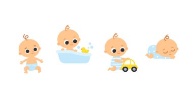 Dört bebek sürünecek, oturacak, banyo yapacak, uyuyacak. Küçük kızlar ve erkek bebekler. Çocuk aktiviteleri.