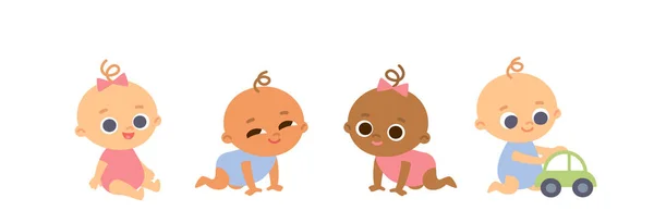 一组4个宝宝爬着 坐着开心地笑着 玩玩具卡通人物的国际婴儿 — 图库矢量图片