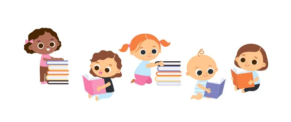 Conjunto Quatro Bebés Sentados Ler Livros Crianças Bebês Com Livros — Vetor de Stock