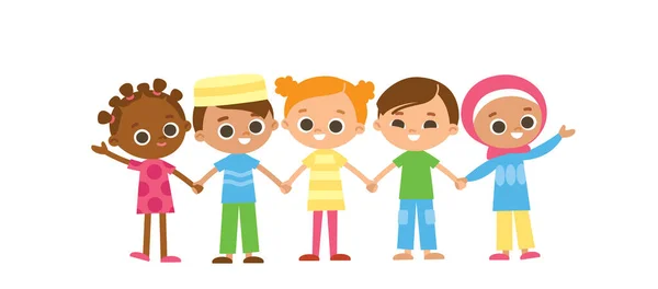 一组5个孩子牵着手 国际人物 多文化概念 — 图库矢量图片