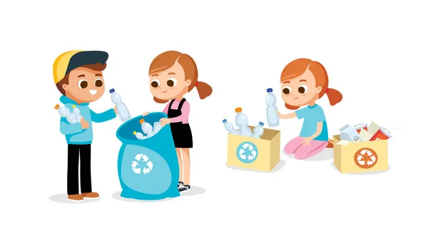 Conjunto Niños Haciendo Clasificación Residuos Protección Del Medio Ambiente Respetuoso — Vector de stock
