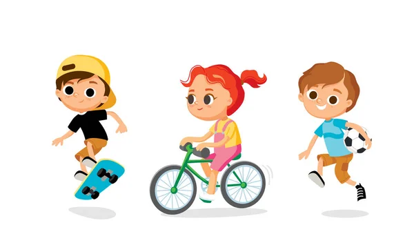 Set Three Kid Child Cartoon Characters Performing Different Activities Sport — Stock Vector