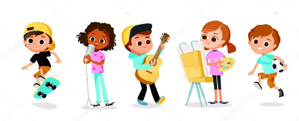 Set of 5 five kid / child cartoon characters performing different activities, music, art, sport. Children's hobbies and activities.