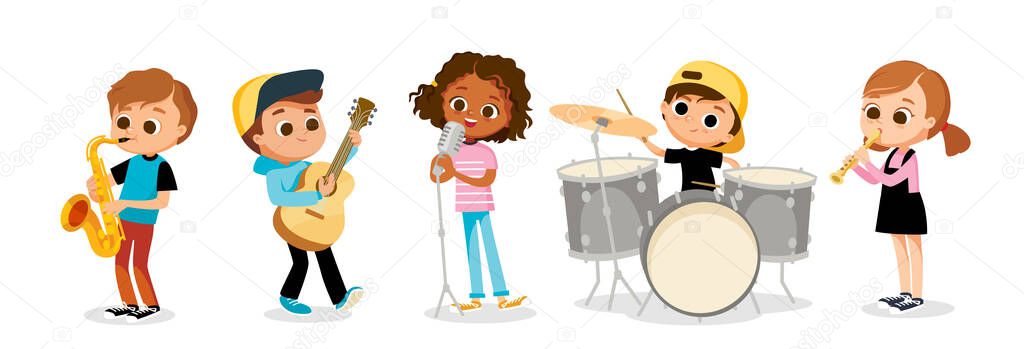 Child music band. Children playing music. Cartoon kids playing musical instruments and singing.