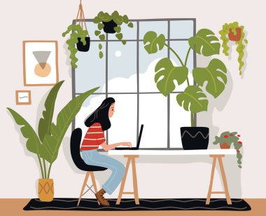 Genç bayan serbest çalışan bir bilgisayar üzerinde çalışıyor, masada oturuyor. Sanatçı, tasarımcı, serbest çalışan, öğrenci. Girişim işi. Vektör çizimi. Düz tasarım.