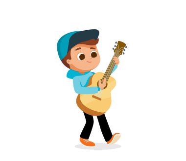 Gitar çalan çocuk. Çocuk akustik gitar çalıyor. Çocuklar için akustik gitar çalmayı öğrenmek.