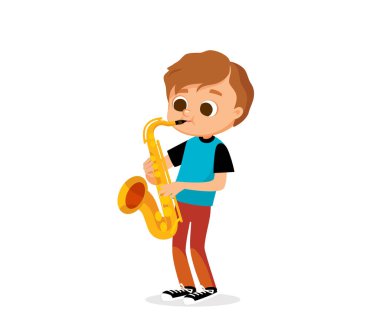 Boy playing, improvise on saxophone, kid playing music, flat vector illustration. clipart