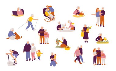 Farklı pozlardaki insan karakterleri. Yaşlılarla, aileleriyle ve akrabalarıyla. Emeklilik planı.