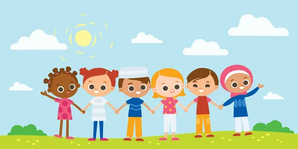 Niños Felices Tomados Mano Día Internacional Del Niño Fondo Verano — Vector de stock