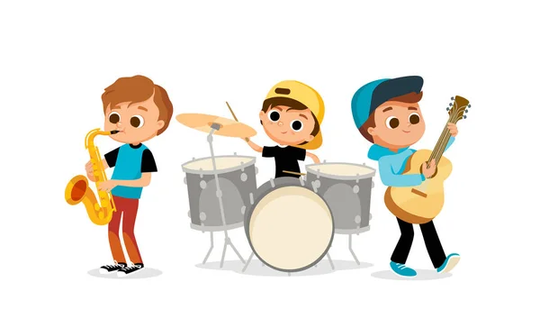 Child Music Band Children Playing Music Cartoon Kids Playing Musical — Stock Vector