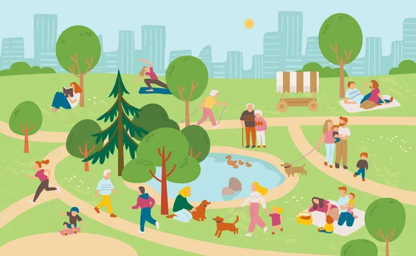 Personas Que Relajan Parque Descansando Con Paisaje Urbano Fondo Paisaje — Vector de stock