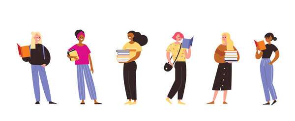 Set of women holding and reading a books in different poses. Young girls hold and read book, flat vector illustration.