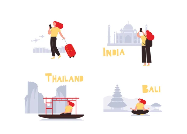 Set Illustrazioni Viaggio Immagini Schizzi Scene Viaggiare India Thailandia Bali — Vettoriale Stock