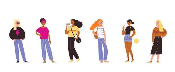 Set of 6 six women in different poses. Young girl holds phone, coffee to go, flat vector illustration.