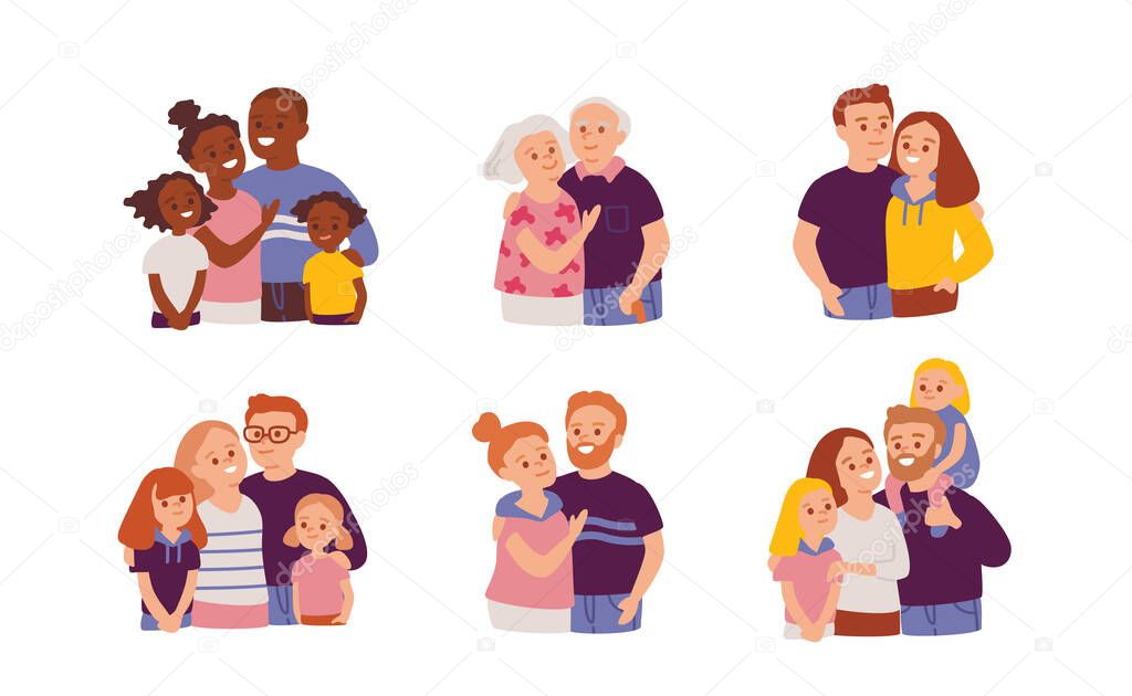 Big family portrait with siblings. Flat design. Multicultural set of people.