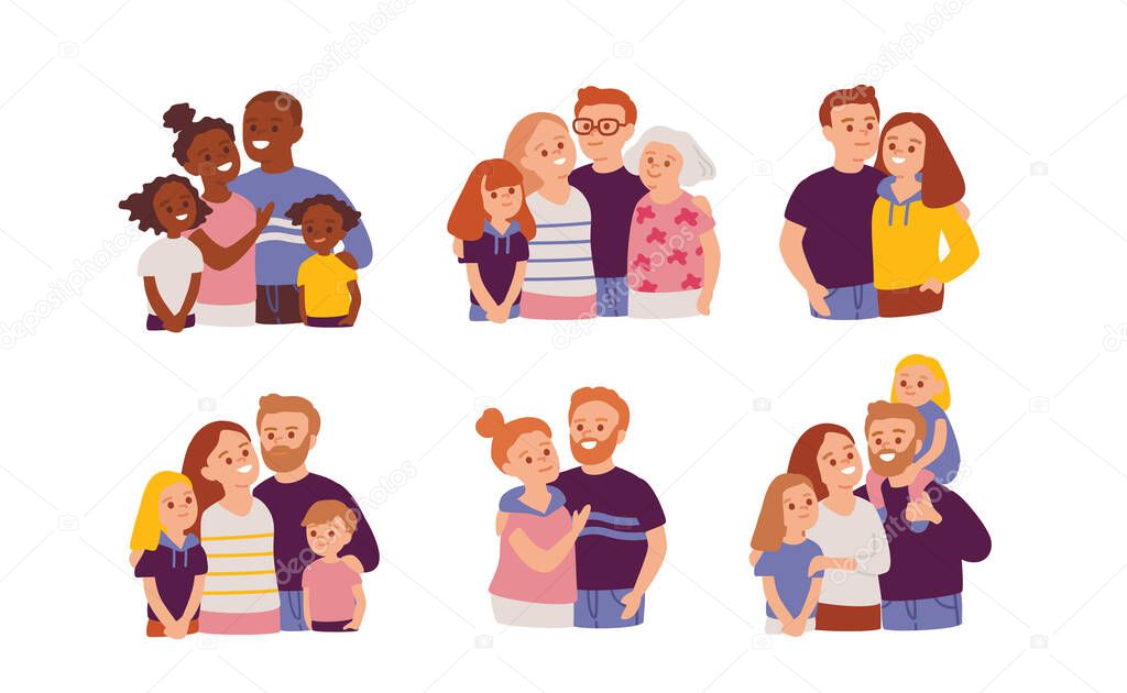 Big family portrait with siblings. Flat design. Multicultural set of people.