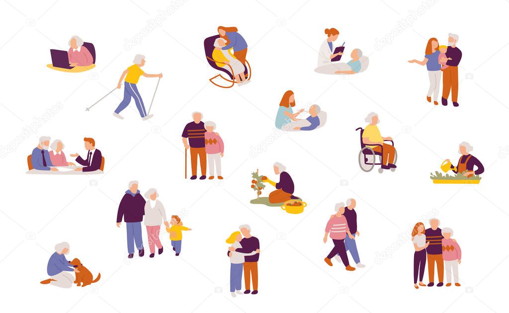 Set of people characters in different poses. Set with senior people and their's families and relatives. Retirement planning.