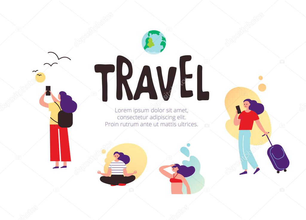 Woman traveling and relaxing. Woman on vacation. Beach rest. Yoga meditation. Set of travel illustrations, pictures, sketches, scenes. Traveling concept. Traveler's icons.