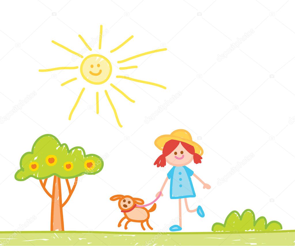 Child hand drawn illusration with sun, tree, buildings, dog and girl. Hand painting. Kid drawing.