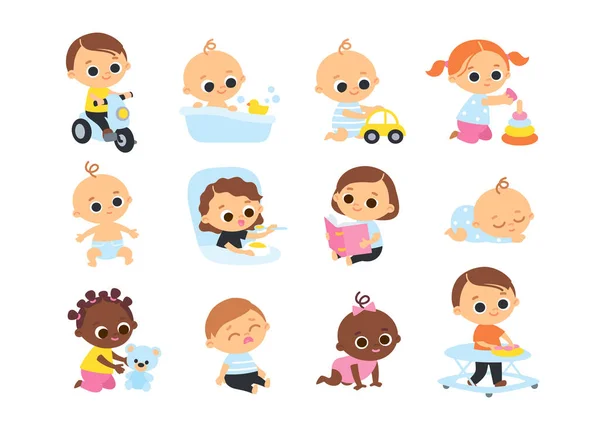 Farklı Pozlarda Farklı Milletler Çizgi Film Karakterleri Bebekler Oyuncaklarla Oynuyor — Stok Vektör