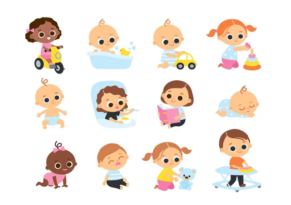 Grande Conjunto Bebês Várias Poses Diferentes Nacionalidades Personagens Desenhos Animados —  Vetores de Stock