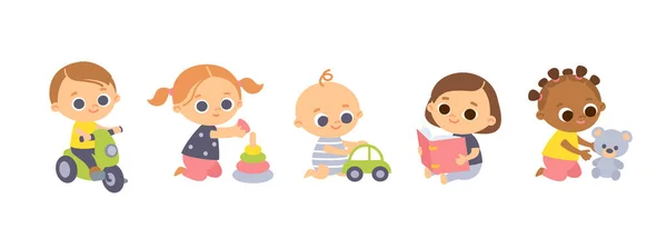 Ensemble Bébés Tout Petits Dans Différentes Poses Différentes Nationalités Personnages — Image vectorielle