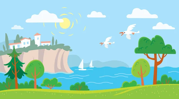 Mořské Pobřeží Krajina Přístavem Plachetnice Racek Skály Cartoon Panoramic View — Stockový vektor