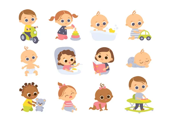 Grande Conjunto Bebês Várias Poses Diferentes Nacionalidades Personagens Desenhos Animados —  Vetores de Stock