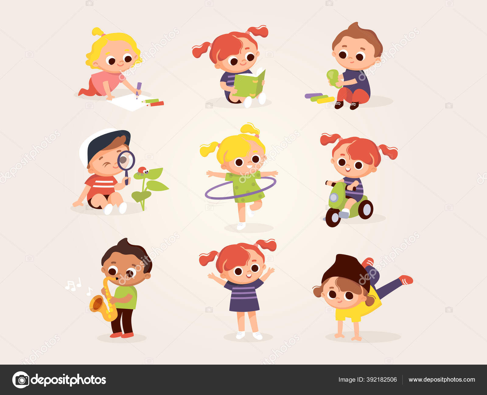 Children Activities Набор Детей Различных Позах Дети Рисуют Играют.