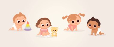 Dört bebek sürünecek, oyuncak ayıyla oturacak ve mutlu bir şekilde gülümseyecek. Oyuncak çizgi film karakterleriyle oynayan uluslararası bebekler.
