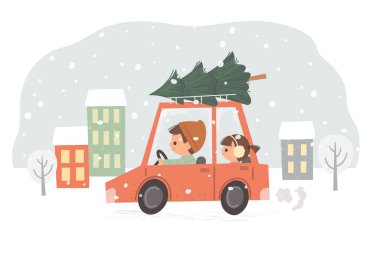 Arabada Noel ağacı olan insanlar var. Babası ve kızı. Araba süren küçük bir çocuk. Çizgi film aracı.