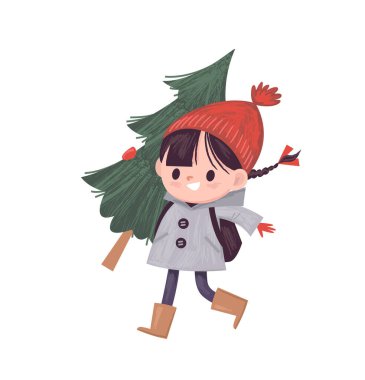 Çizgi film kızı yürü, devam et, Noel ağacı kışın arka planda kar yağışı ile.