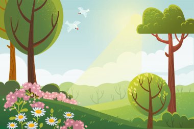 Yaz sabahı manzarası. Çayır, papatyaları ve ağaçları olan çimenler. Güzel güneşli bir gün. Güneş ışığı, güneş ışığı, güneş ışığı..