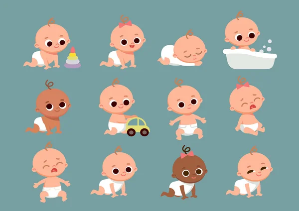 Grote Set Van Baby Peuters Verschillende Nationaliteiten Stripfiguren Verschillende Poses — Stockvector
