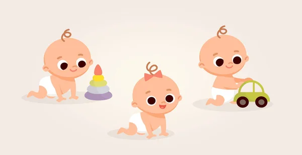 Set Van Drie Baby Peuters Stripfiguren Verschillende Poses Baby Meisjes — Stockvector