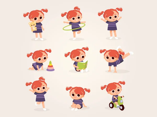 Gran Conjunto Personajes Niña Diferentes Poses Bebé Niña Juega Con — Vector de stock