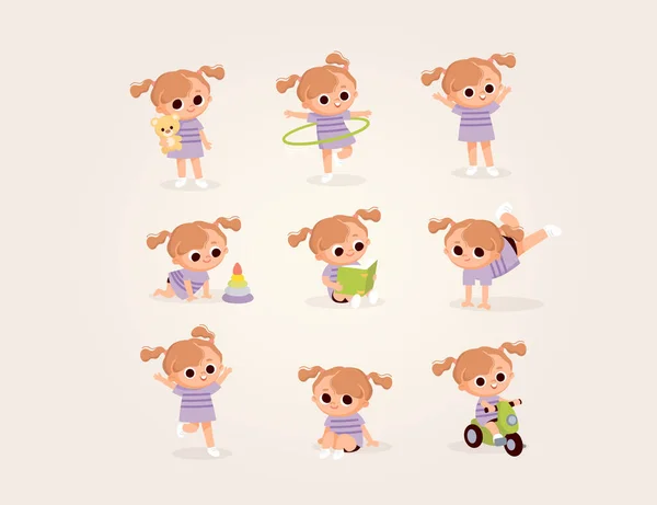 大组不同姿势的女婴角色 女婴玩玩具 骑自行车 抱着熊 爬来爬去 做杂技 旋转呼啦圈 — 图库矢量图片