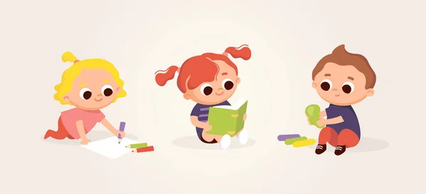 Malé Roztomilé Děti Kreslí Čte Lekce Umělecké Třídy Dětské Aktivity — Stockový vektor
