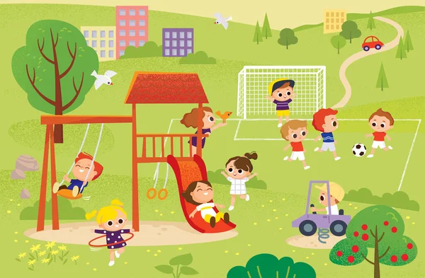 Grupp Barn Leker Lekplatsen Tillbringa Tid Spel Kul Sommaraktiviteter Skolgården — Stock vektor