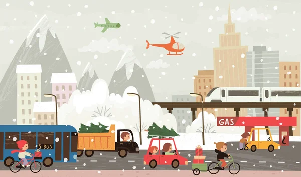 Karácsony Karácsony Este Emberek Ajándékokkal Karácsonyfákkal Rohannak Téli Városi Hangulat — Stock Vector
