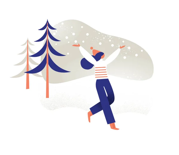 圣诞快乐卡 Mas 圣诞卡 女孩带着雪跑 女孩问候降雪 雪花和雪人 有冬季标志的女孩 — 图库矢量图片