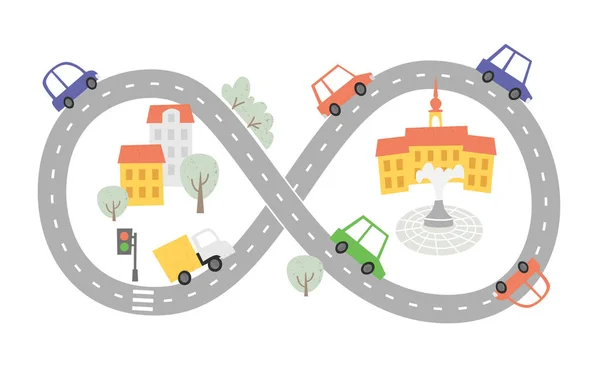 Carretera Con Autos Simple Mapa Ciudad Ilustración Infantil Cartel Infantil — Vector de stock