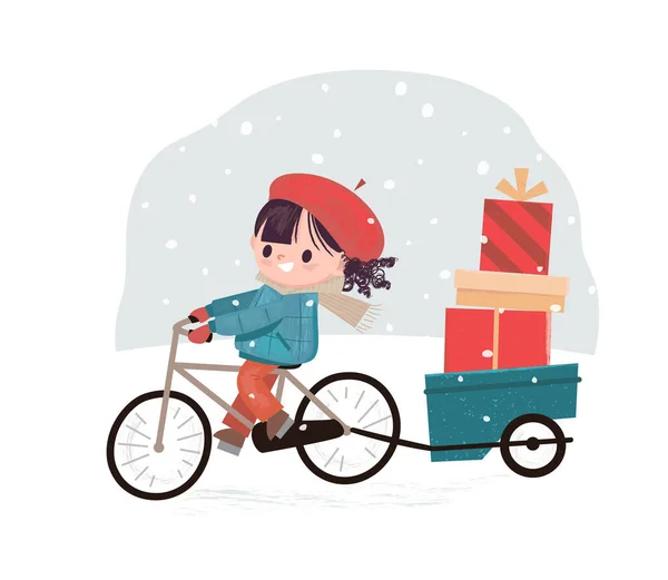 自転車の配達の女の子 雪と冬の背景にクリスマスのギフトボックスを運ぶ — ストックベクタ